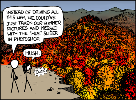 He is saying that&nbsp;since they already had photos of the same location taken in the summer when the leaves on the trees were presumably green, they could have simply adjusted the colors of the leaves in those same photos to orange, yellow, and red in photo editing computer software instead of driving back and taking new photos.
It is a commentary on how some people would rather simulate enjoyable events in their life with technology rather than going outside and experiencing things like the beauty of nature. The female understands this.
Note: the author feels that women are superior to men.