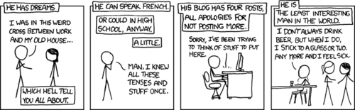 This strip is a play on the popular &ldquo;Most Interesting Man In The World&rdquo; series of commercials for Dos Equis beer, except the man portrayed is instead uninteresting. The author displays this by showing the man in various situations that are common in today&rsquo;s technologically obsessed males, which of course includes the author himself, and most likely the reader. Self-deprecation is a common theme of this comic strip as a whole.