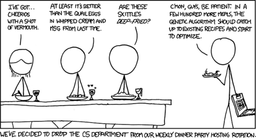 Background: Genetic Algorithms&nbsp;are methods for finding solutions to computational problems that are modeled after evolution. They tend to start by selecting a series of random possible solutions and testing them against a set problem, then testing how effective the given solution (or component thereof) was. Upon each completion, the best solutions are modified or &ldquo;mutated&rdquo; using the collected results and the process begins again. This repeats numerous times with the end goal of removing all but the best possible solution to the problem.
The Author believed that it would be humorous to take the scientific concept of genetic algorithms and transpose it onto a common life task - cooking. As is shown in the comic strip, the computer science students have decided to use a form of genetic algorithm to randomly combine ingredients to create the ultimate recipe for the dinner party. It&rsquo;s funny because this leads to very peculiar food combinations that most people would not enjoy consuming.&nbsp;