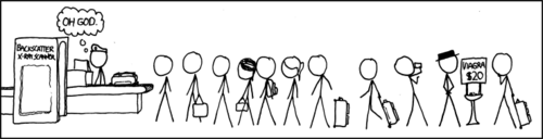 The man in the hat wishes to sell Viagra to the other males in line for a full-body x-ray (in order to make their penises look bigger).
Obscure technology reference is combined with male insecurity about penis size.&nbsp;