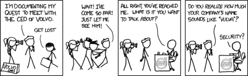 In a parody of the film &ldquo;Roger &amp Me&rdquo; by Michael Moore, in which Moore attempts to meet with the CEO of GM (Roger Smith), we see two characters attempting to meet with&nbsp;Stephen Odell, the CEO of Volvo. When they finally do meet him they point out that the name of his company, Volvo, sounds like &ldquo;vulva,&rdquo; the&nbsp;external genital organs of a female.