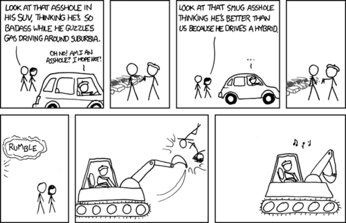 A hovering male and a female verbally deduce that a beret wearing man is an asshole since he is driving an SUV, which they believe is bad for the environment. Upon hearing this, the beret man exchanges his SUV for a hybrid vehicle, in the hopes that this new vehicle will relinquish him of the &ldquo;asshole&rdquo; title. But, humorously, this new vehicle still garners him ridicule, this time for appearing &ldquo;smug.&rdquo; The man then exchanges his car for a second time, but now for a large tractor - which he uses to to kill the two people who have been mocking his vehicle choices.