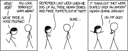 The Author has taken a clich&eacute; (Indian burial ground) and combined it with a twist (two levels of desecration).&nbsp;
In other news, Garfield likes lasagna.